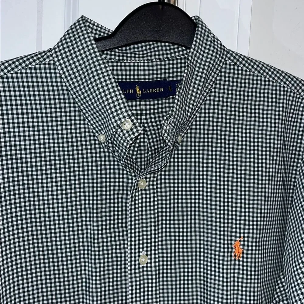 Green White Gingham Check Polo by Ralph Lauren orange Pony LS Work Shirt L mens